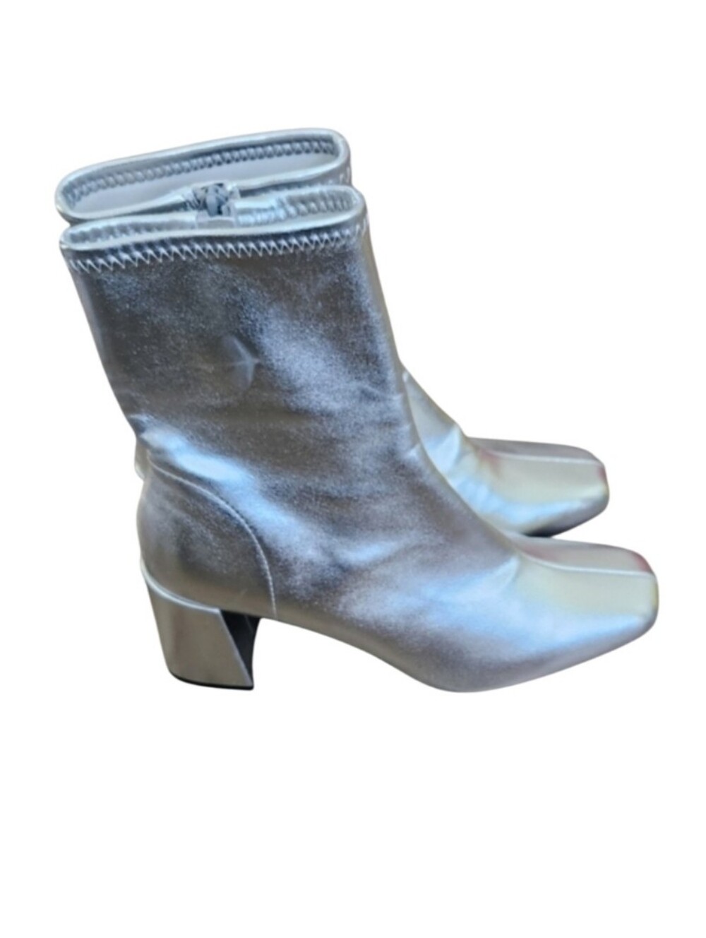 SLIVER TONE SHINY CHUNKY HEEL ANKLE BOOTS SZ 8½ NWT